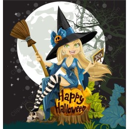 Cheerful Witch on Pumpkin Halloween