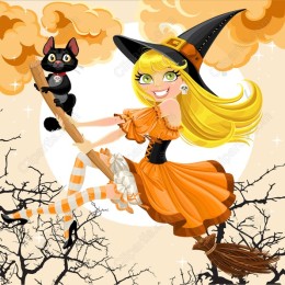 Whimsical Halloween Witch and Cat