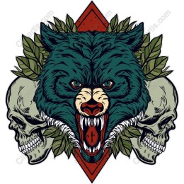 Fierce Bear Head with Skulls and Leaves