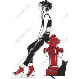 Chic Urban Woman with Fire Hydrant and Cat