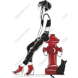 Chic Urban Woman with Fire Hydrant and Cat