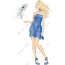 Elegant Blue Dress with Peacock Feather