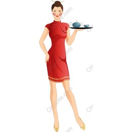 Elegant Red Dress with Tea Tray